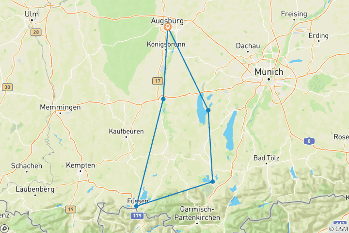 Map of Romantic Road & Bavarian Lakes (8 days)