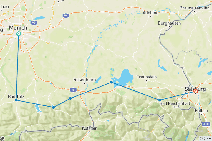 Kaart van München - Salzburg: Isar, Mozart, bergen & meren (8 dagen)