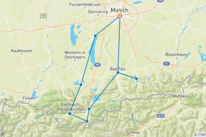 Carte du circuit Münchner Seenrunde - 9 jours sur la piste cyclable de l'Isar et les lacs bavarois (9 jours)