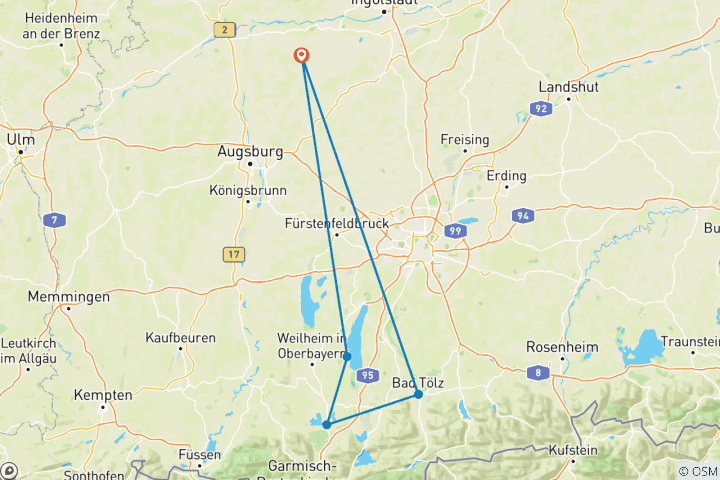 Kaart van Beierse Meren Tour (4 dagen)