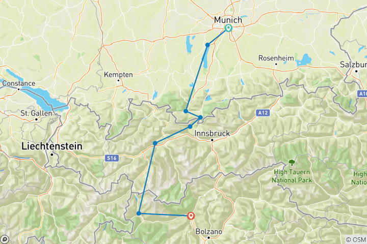 Karte von Alpenüberquerung von  München - Meran (8 Tage)