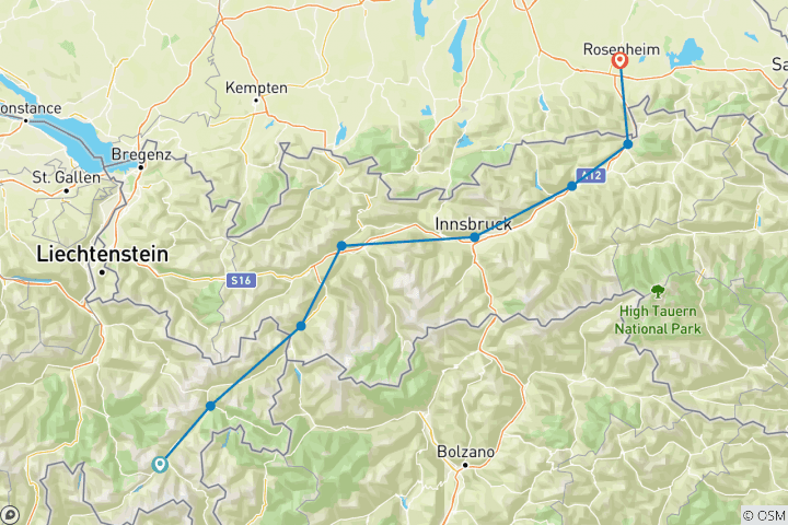 Map of Inn-Radweg From St.Moritz Maloja Pass to Rosenheim 9 days