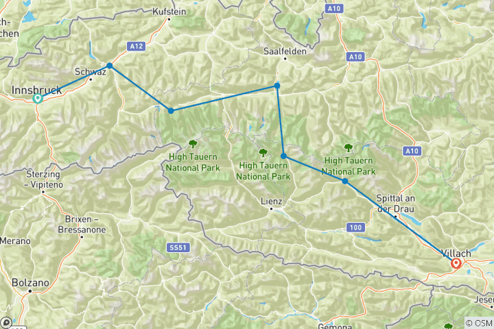 Carte du circuit Symphonie de pistes cyclables Tauernblick - d'Innsbruck à Villach via Salzbourg (8 jours)