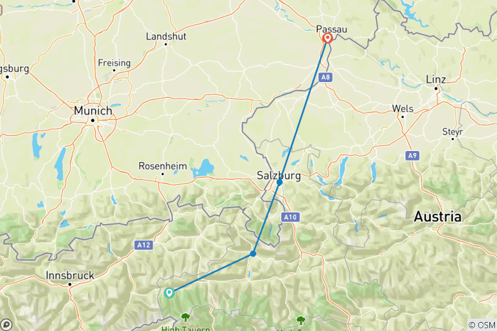 Map of Tauern Cycle Trail Sporty: Krimml to Passau (6 days)