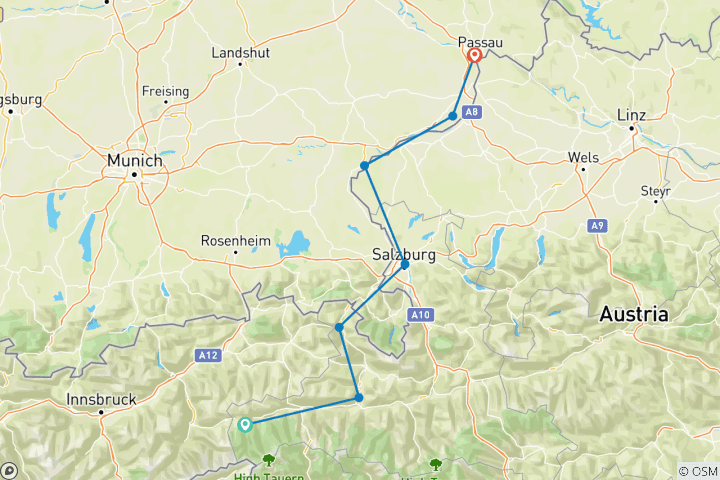 Map of Tauern Cycle Path: Cycling Classic from Krimml to Passau (8 days)