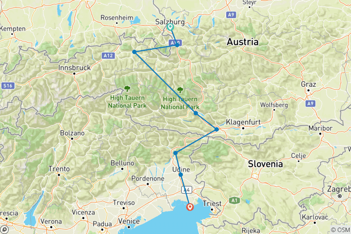 Karte von Alpe-Adria-Radweg Salzburg-Grado 10 Tage (10 Tage)