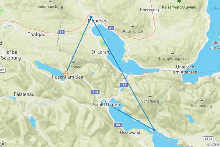 Carte du circuit Salzkammergut Berge & Seen Trail 2 : 4 lacs/3 sommets : Wolfgangsee, Mondsee et Fuschlsee (5 jours)