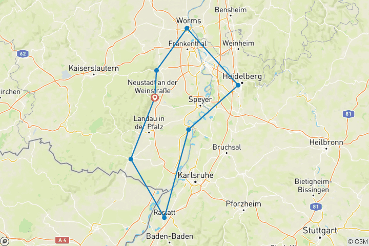 Kaart van Neckar, Rijn & Wijngaard (8 dagen)