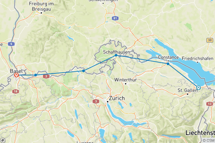 Kaart van Het beste van de Rijn – de Bodensee, de Rheinfall & Bazel – 7 dagen