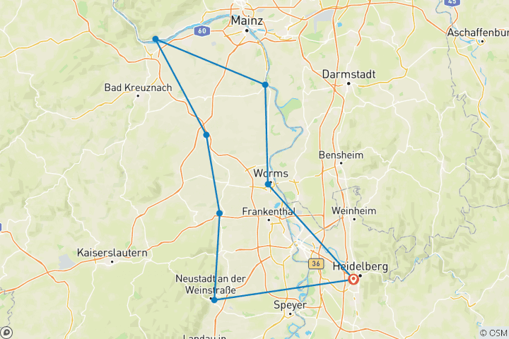 Kaart van Wijnbouwersreis langs de Rijn - door de wijngaarden naar de keizerlijke kathedralen (9 dagen)