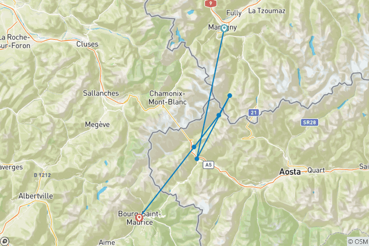 Karte von Tour Mont Blanc Ost (7 Tage)