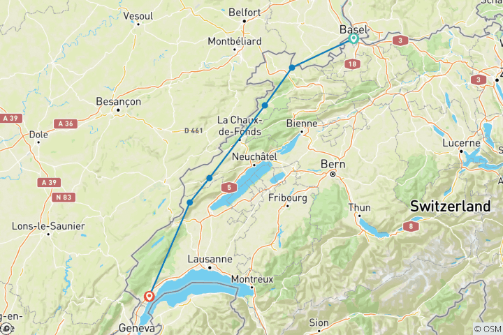 Kaart van Jura Route: Het Wilde Westen van Zwitserland 8 dagen (8 dagen)