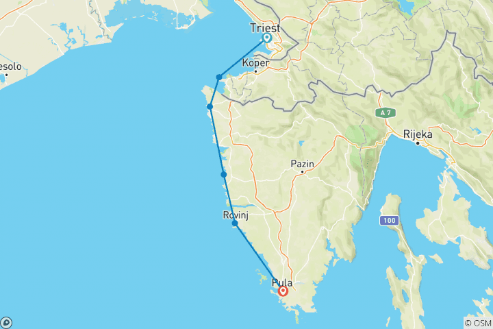 Map of Cycling tour Istria - from Trieste to Pula (8 days)