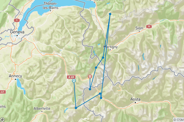 Karte von Tour du Mont Blanc - mit Komfort um den höchsten Berg der Alpen (8 Tage)