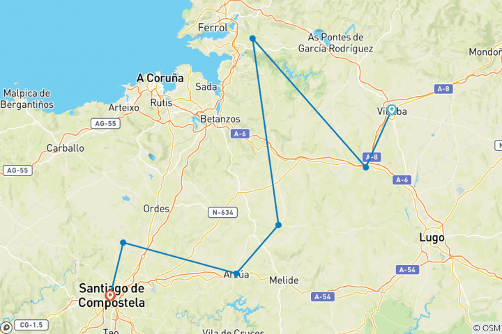 Kaart van Weg van Sint-Jacob - Noordelijke Weg: Vilalba-Santiago - 8 dagen (8 dagen)
