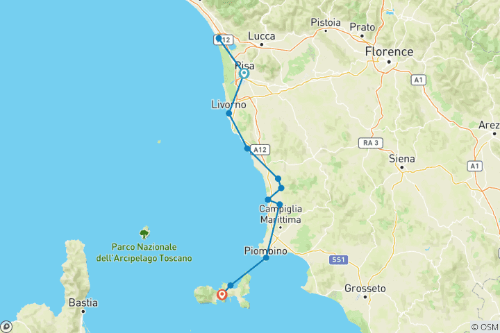 Karte von Toskanische Küste - Vom Schiefen Turm nach Elba (7 Tage)