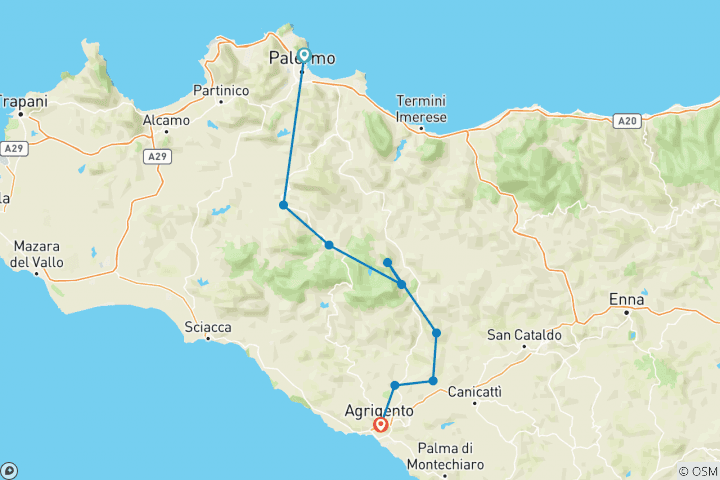 Carte du circuit Sicile - Magna Via Francigena de Palerme à Agrigente (8 jours)