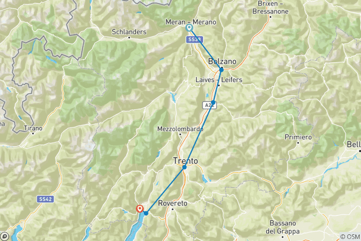 Carte du circuit Merano - Lac de Garde : de la ville thermale au lac (7 jours)