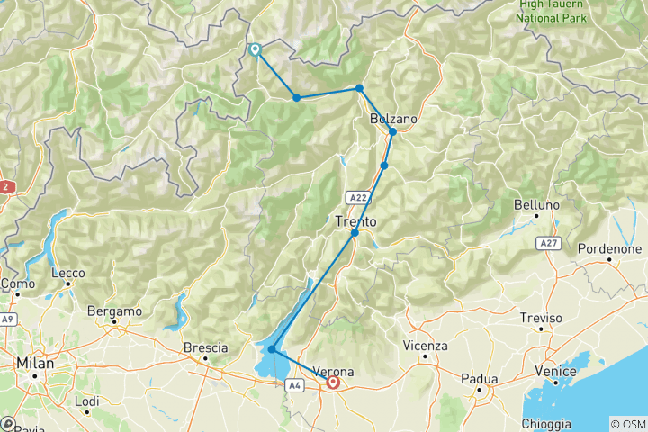 Kaart van Adige fietspad: Reschenmeer - Verona in 9 dagen (9 dagen)