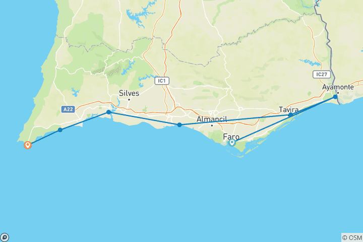 Carte du circuit Trans-Algarve Coast Tour - le long de la côte sud (8 jours)