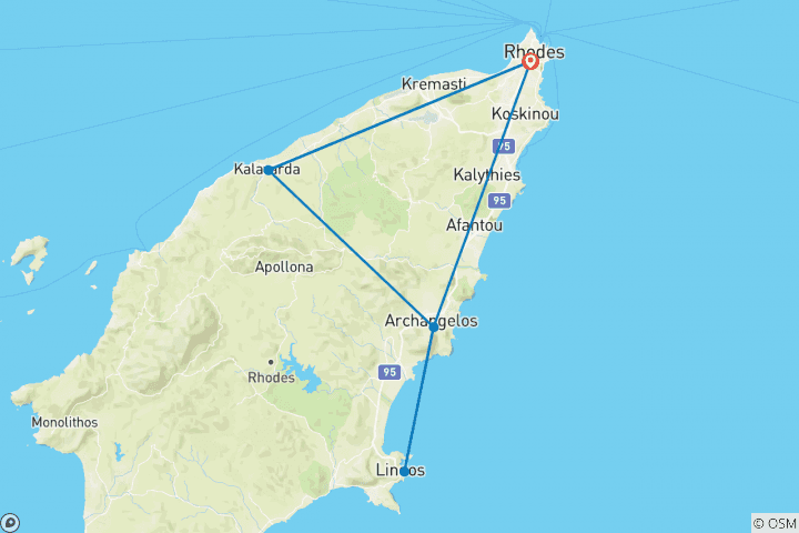 Map of Rhodes Cycling Tour - Across the Island (8 days)