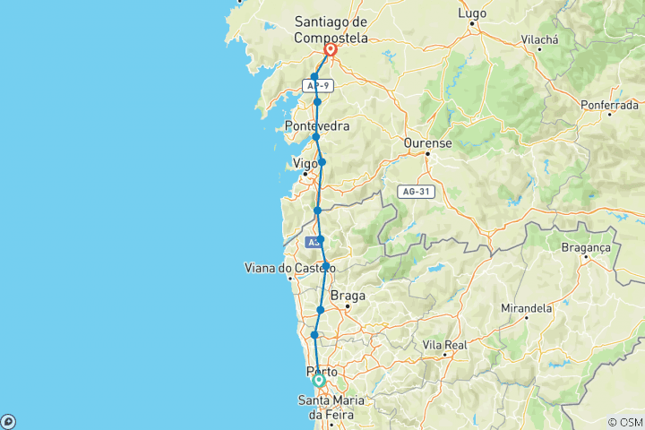 Mapa de Camino de Santiago - Camino Portugués: Oporto-Santiago - 12 días (12 días)