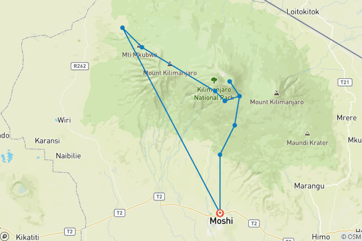 Mapa de Kilimanjaro - Ruta Lemosho (9 días)