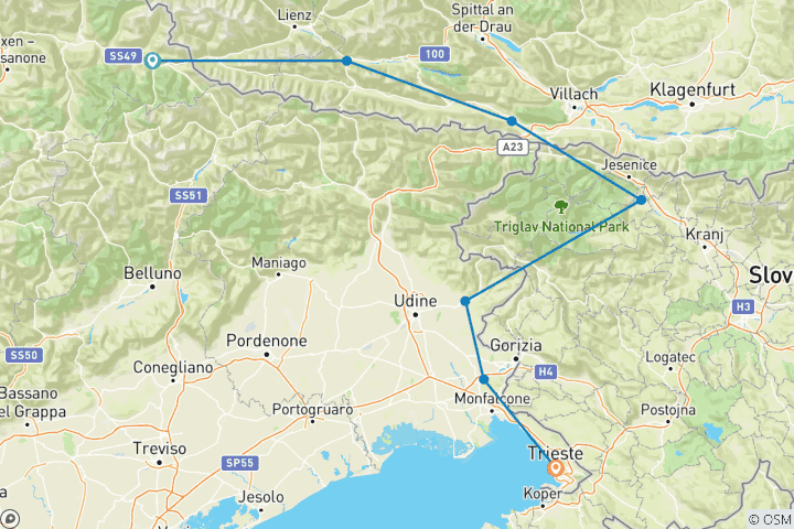 Karte von Radreise von den Dolomiten nach Triest (8 Tage)