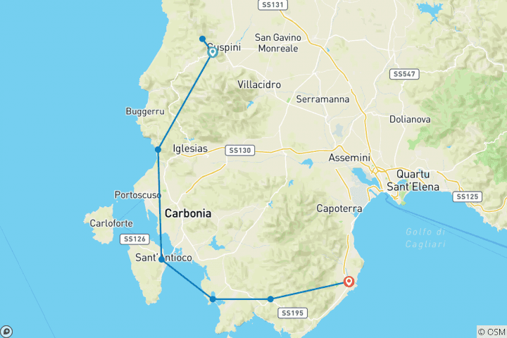 Karte von Italien - Fahrrad fahren in Süd-West Sardinien (8 Tage)