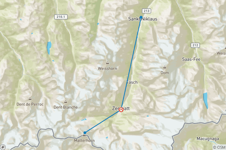 Carte du circuit Zermatt dans les Alpes suisses - Randonnée au pied du Cervin (7 jours)