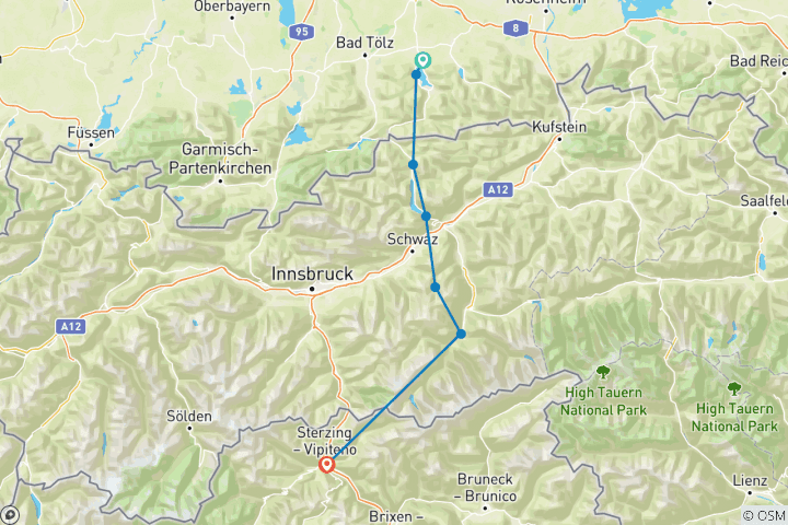 Karte von Alpenüberquerung vom Tegernsee nach Sterzing mit Hotelkomfort (8 Tage)