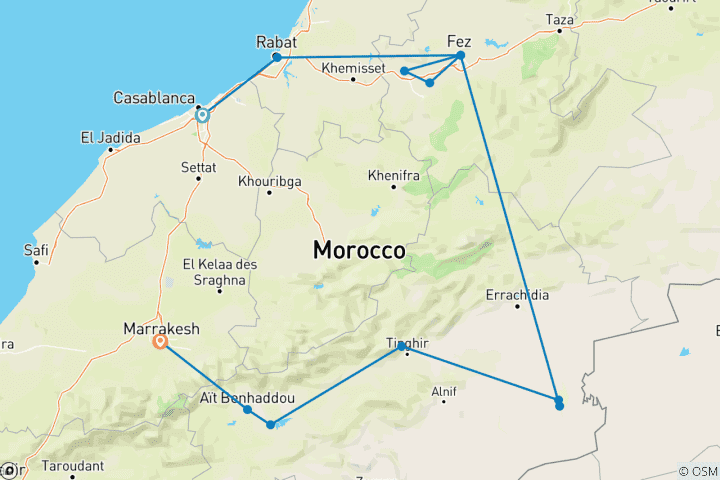 Karte von Marokkos Highlights erwandern - Königsstädte, Wüsten und grüne Täler (15 Tage)