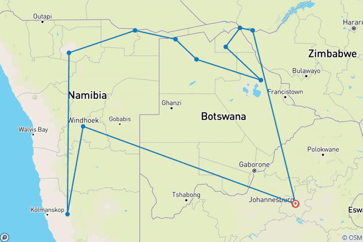 Karte von Die Highlights des südlichen Afrika erleben (16 Tage)