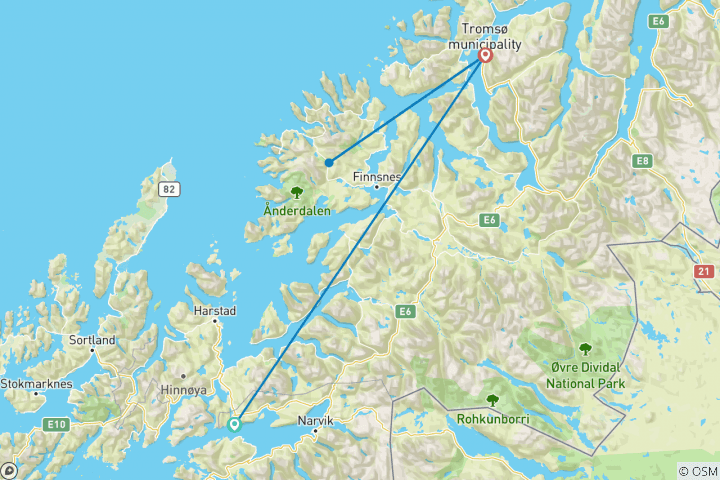 Karte von Norwegen - Skitouren auf der Insel Senja (8 Tage)