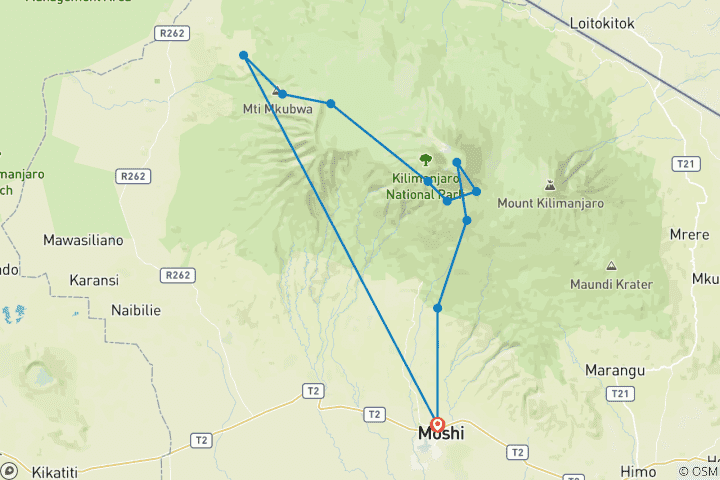 Map of Lemosho Route - Kilimanjaro Hiking in 7-Day