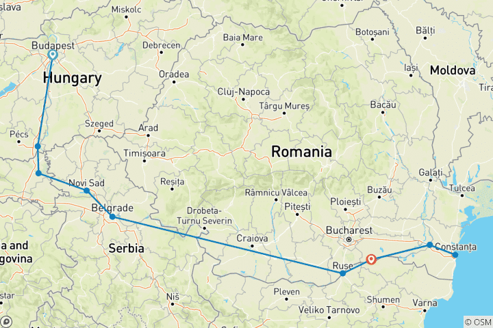 Map of Along the river Danube, Budapest and the Balkan peninsula (from Budapest to Oltenita)