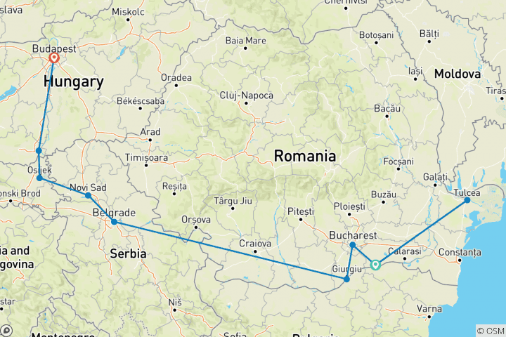 Karte von Entlang der Donau, Balkanhalbinsel und Budapest (Kreuzfahrt von Hafen zu Hafen) (von Oltenita bis Budapest)