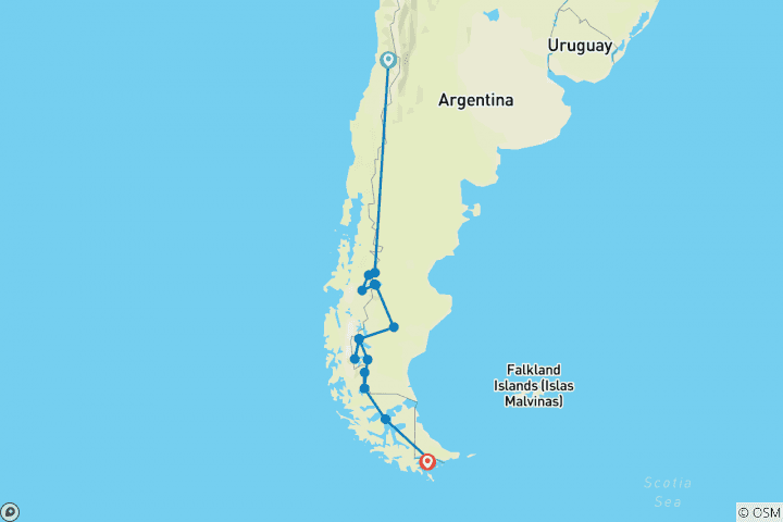 Karte von Selbstfahrerreise Chile - Die vier Giganten Patagoniens 24 Tage (24 Tage)