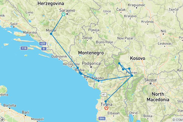 Mapa de De Sarajevo a Tirana; Recorrido por 4 países balcánicos en 8 días