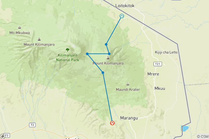 Carte du circuit Kilimandjaro 6 jours Rongai Route Group Join Climb.
