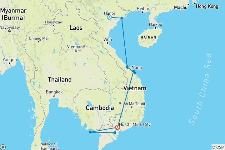 Karte von Vietnam von Nord nach Süd - Kleingruppen-Rundreise  & Baden (inkl Flug)