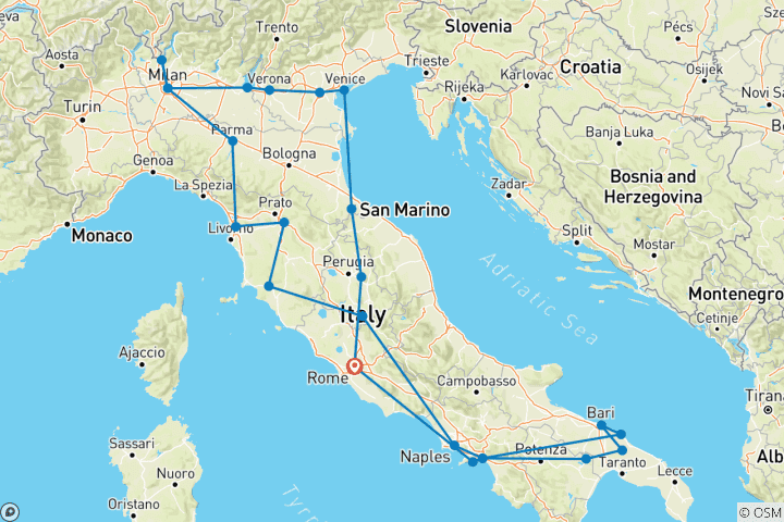 Mapa de Perlas de Italia; Circuito Semi - Privado con Guía y Coche Dedicados