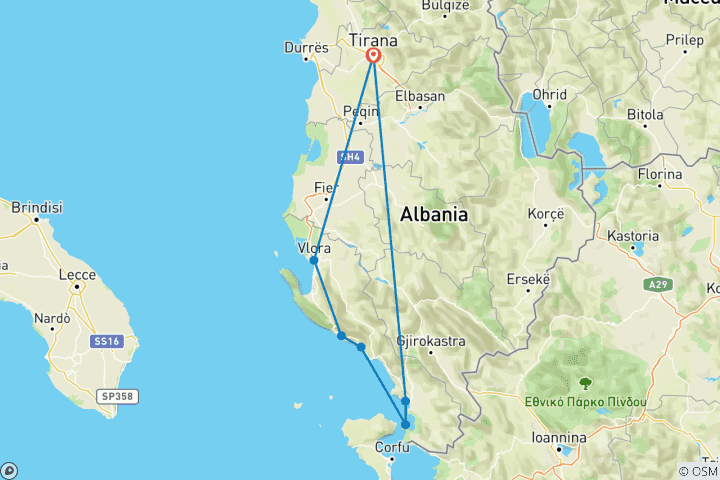 Mapa de Circuito de la Riviera Albanesa; Saranda, Ksamil Himara, Dhermi y Vlora, en 3 días