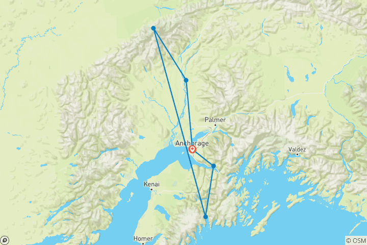 Carte du circuit Anchorage : Aventure 5 jours/4 nuits dans les fjords de Kenai et le parc national de Denali