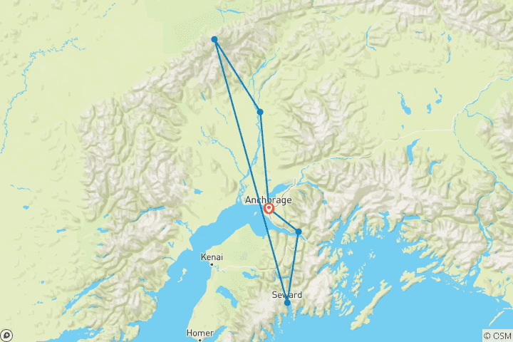 Mapa de Anchorage: aventura de 5 días /4 noches en los fiordos de Kenia y el Parque Nacional de Denali