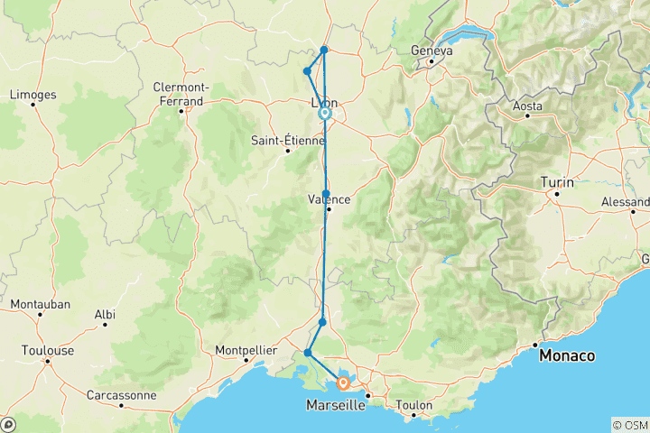 Carte du circuit De Lyon à la pointe de la Provence sur le Rhône et la Saône