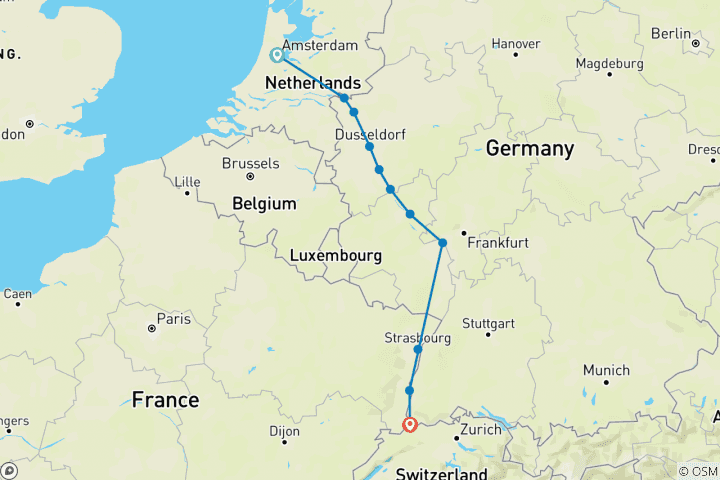 Kaart van De schatten van de befaamde Rijn - van Amsterdam naar Basel - een cruise van haven tot haven