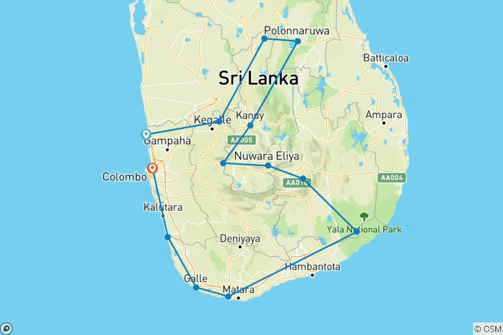 Carte du circuit Aventure de la jeunesse au Sri Lanka