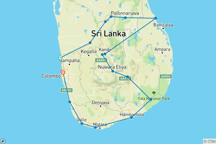 Map of Honeymoon In Sri Lanka