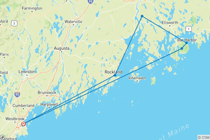 Carte du circuit Vélo dans le Maine et le parc national d'Acadia